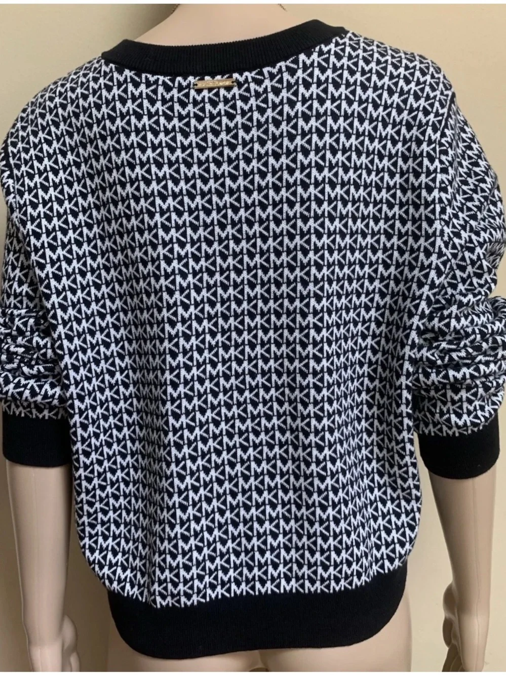 Michael Kors Black Trim & White Monogram Gold Buttons Knit Button-Up Cardigan XL